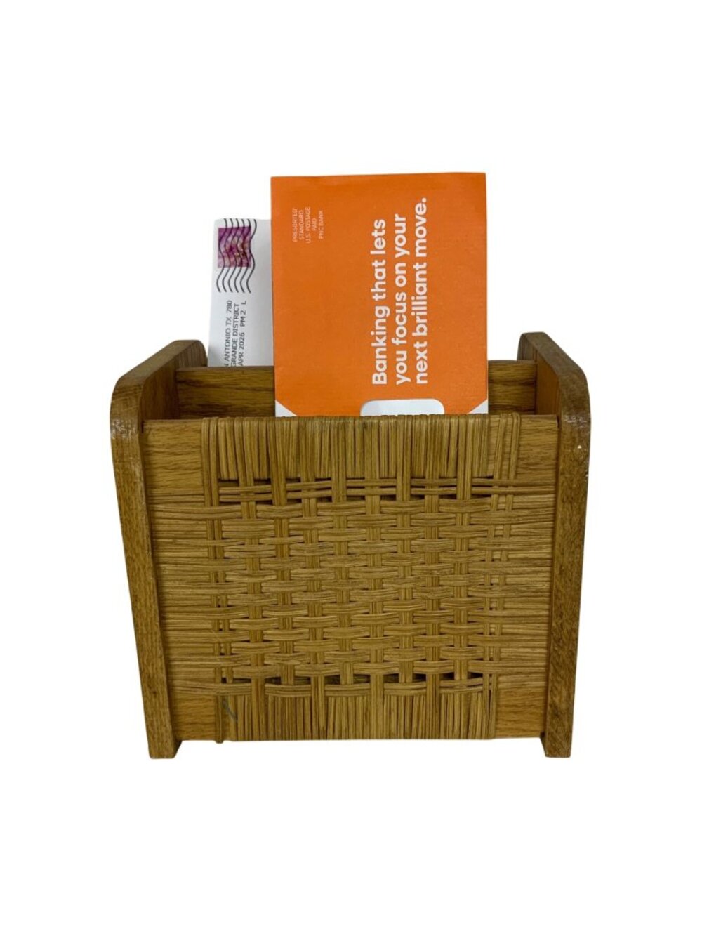 Vintage Wooden Wicker Mail Organizer Holder With Two Compartments